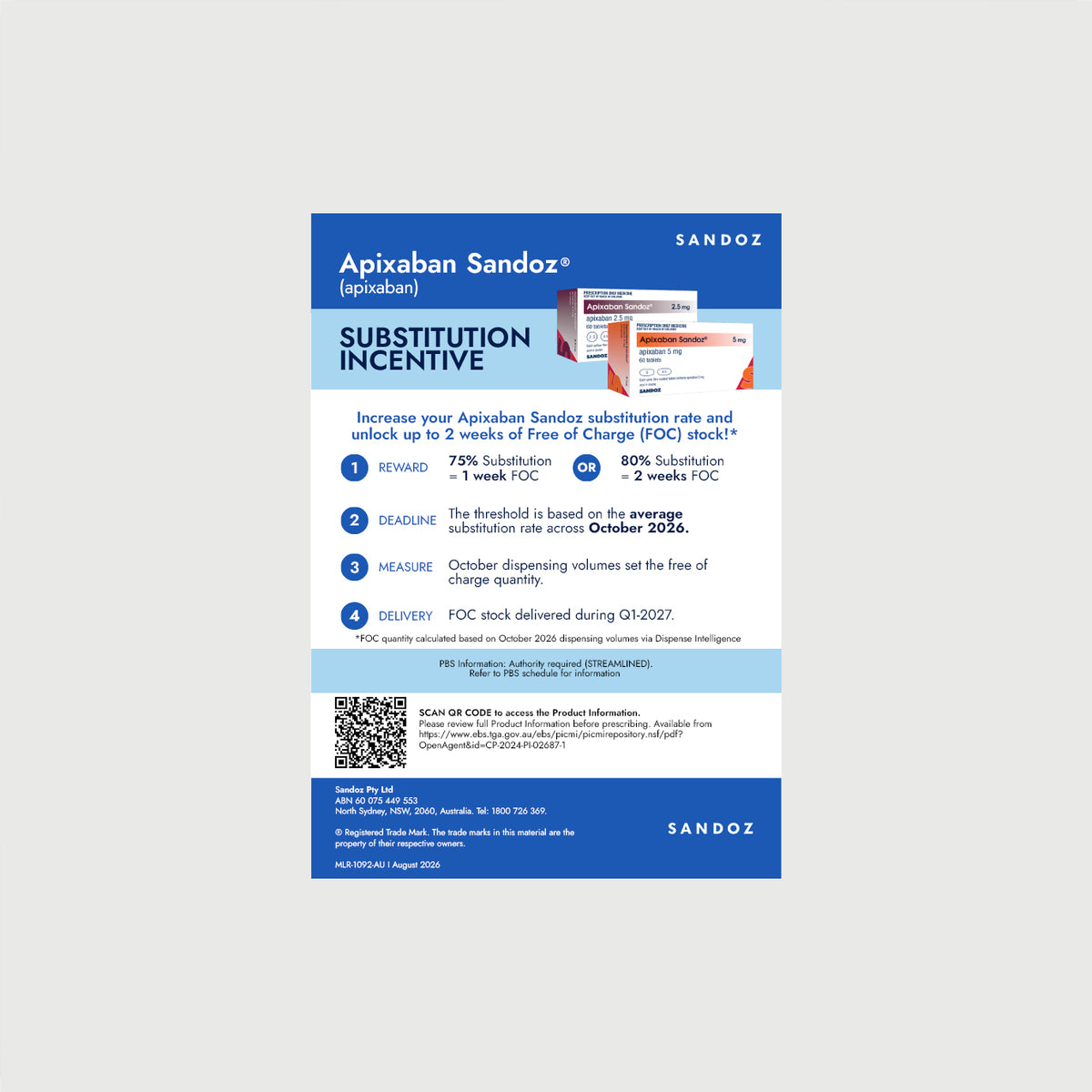 Apixaban Sandoz FOC Incentive Flyer - MLR-1092