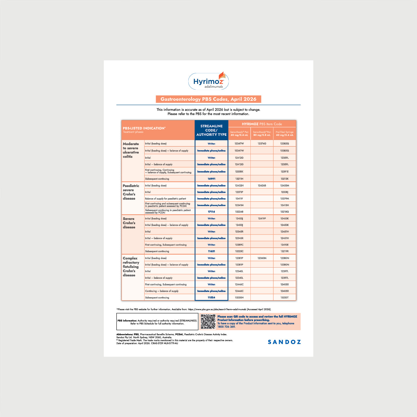 Hyrimoz Adalimumab PBS Grastroenterology Codes A4 Flyer